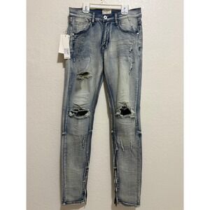 KDNK Mens 32" Distressed Skinny Jeans Light Wash Blue Ankle Zip 1141411 NEW NWT